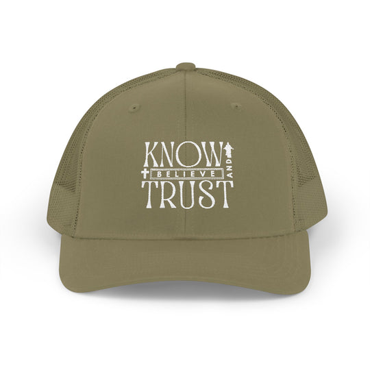 Know and Trust Snapback Trucker Cap with white embroidery, featuring a mid-profile fit, pre-curved visor, and adjustable snap closure for style and comfort.