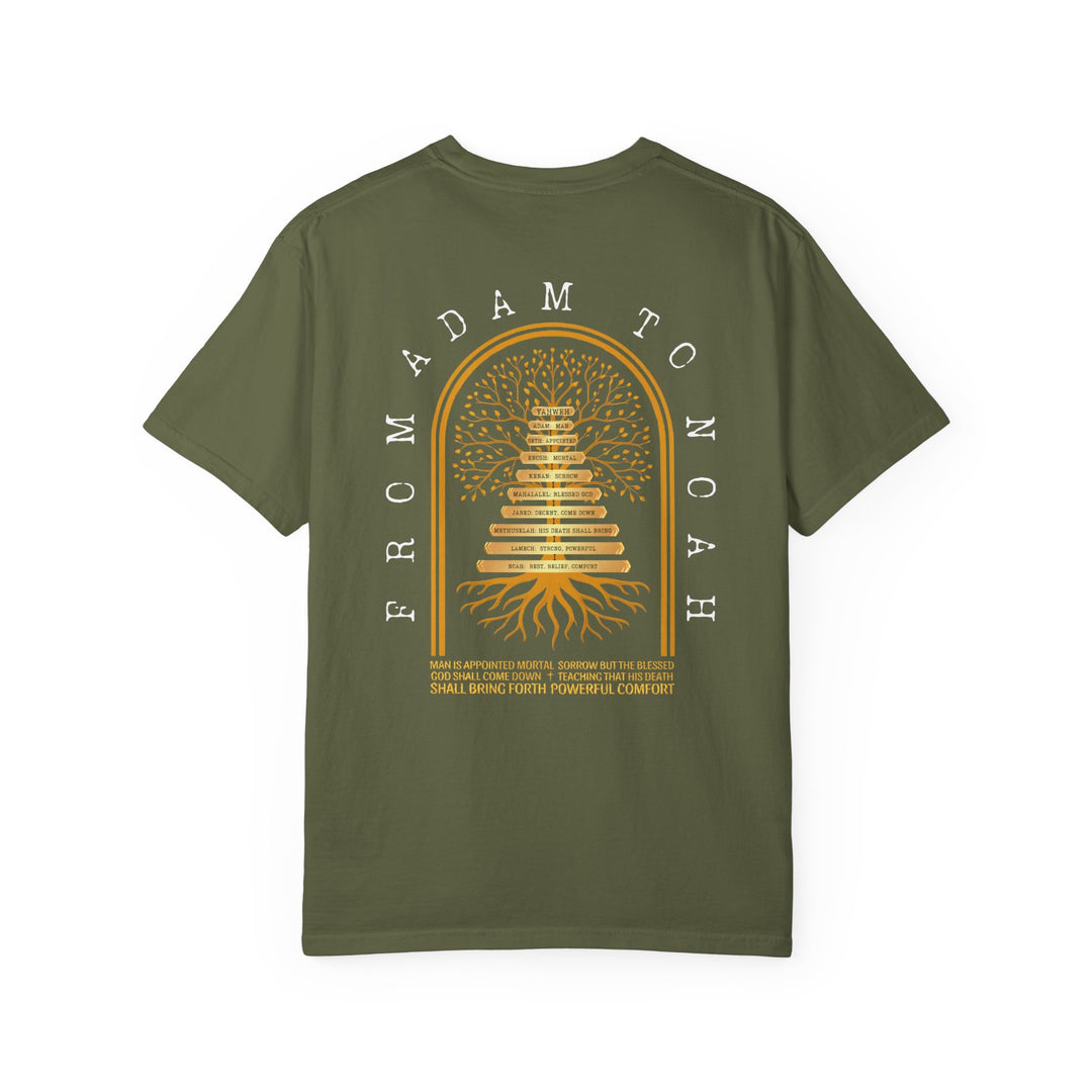 Back view of the Adam to Noah Tree Tee, featuring a white and gold family tree graphic with antediluvian patriarchs and a scriptural quote.