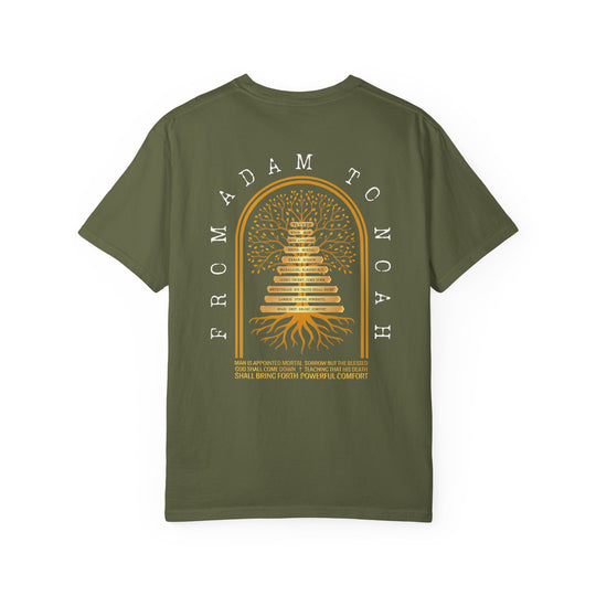 Back view of the Adam to Noah Tree Tee, featuring a white and gold family tree graphic with antediluvian patriarchs and a scriptural quote.
