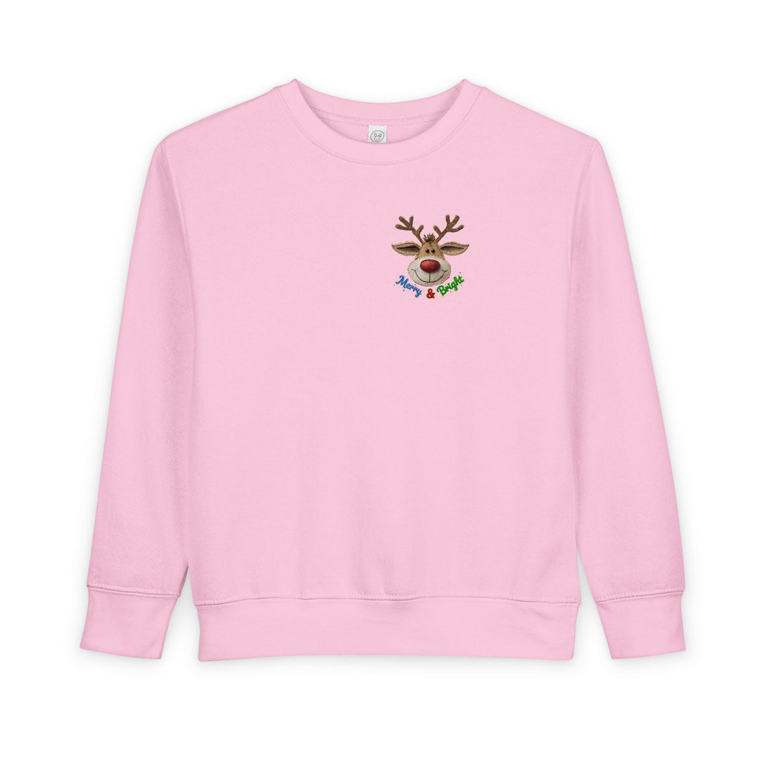 Light-pink toddler sweatshirt with a cartoon reindeer and Merry & Bright text, offering warmth and comfort with a soft fleece blend.