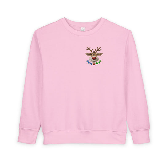 Light-pink toddler sweatshirt with a cartoon reindeer and Merry & Bright text, offering warmth and comfort with a soft fleece blend.