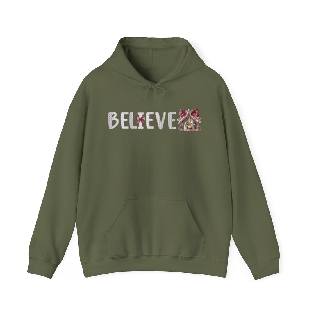 Olive-green Believe hoodie with candy-stripe and gingerbread accents; features a kangaroo pocket and drawstring hood, perfect for cozy, festive wear.