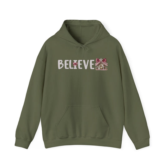 Olive-green Believe hoodie with candy-stripe and gingerbread accents; features a kangaroo pocket and drawstring hood, perfect for cozy, festive wear.
