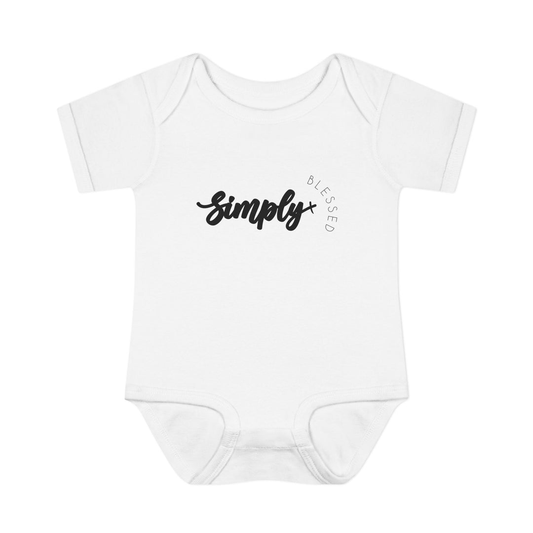 Simply Blessed Onesie: White baby bodysuit featuring playful black text. Made from soft, 100% ring-spun cotton for comfort. Suitable for infants, sizes NB to 24M.