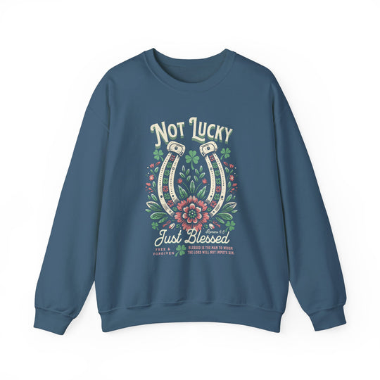 Blessed Crew sweatshirt featuring a horseshoe and floral design, crafted from a cotton-polyester blend for comfort, with ribbed knit collar. Available in multiple sizes.