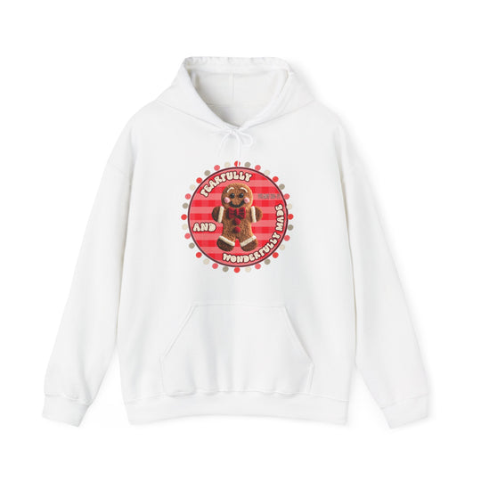 White Wonderfly Made Hoodie with a smiling gingerbread-man graphic and “Fearfully and Wonderfully Made” text, featuring a kangaroo pocket and drawstring hood.