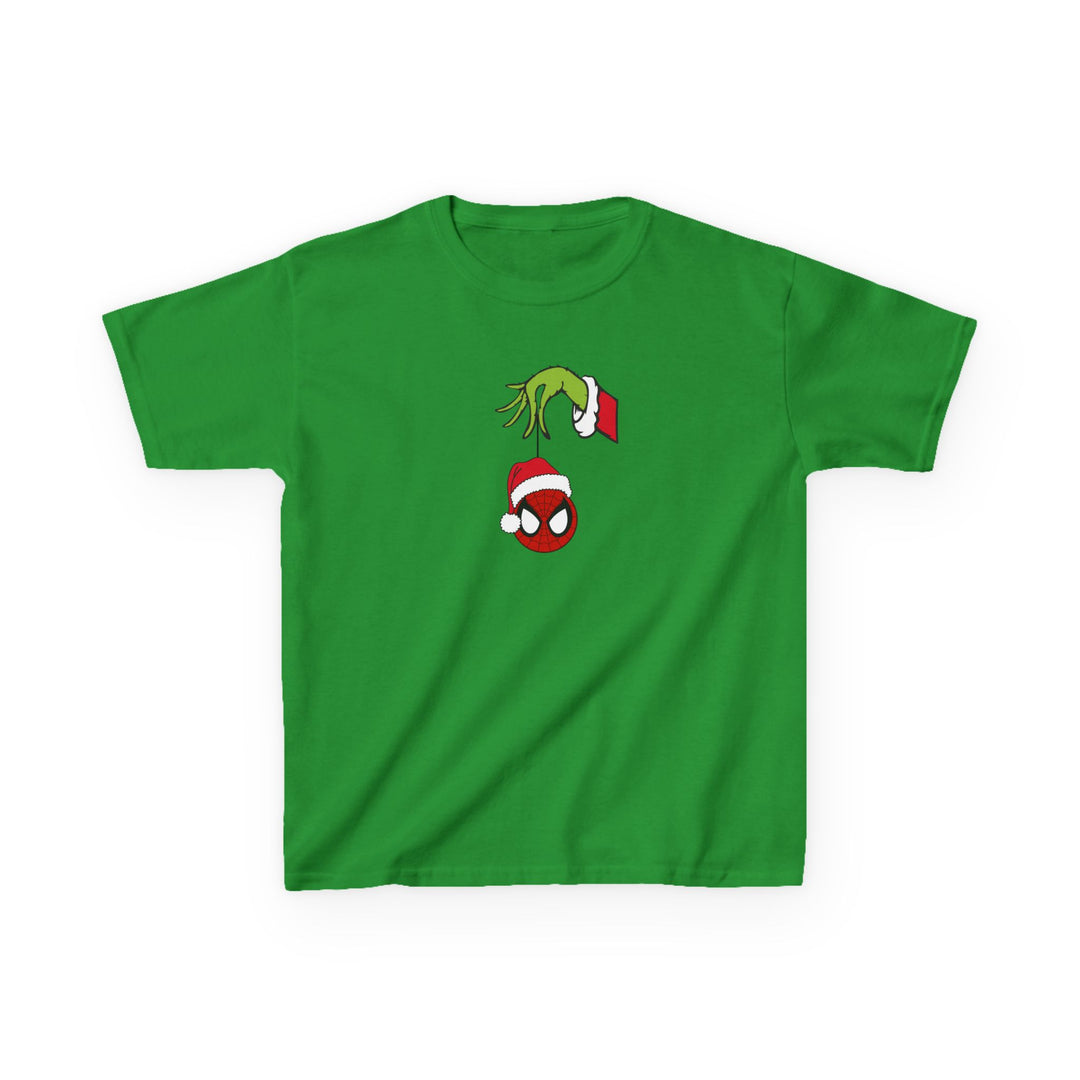 Spider Ball Christmas Kids Tee featuring a festive graphic of the Grinch's hand holding Spider-Man's head, crafted for durability with 100% cotton.