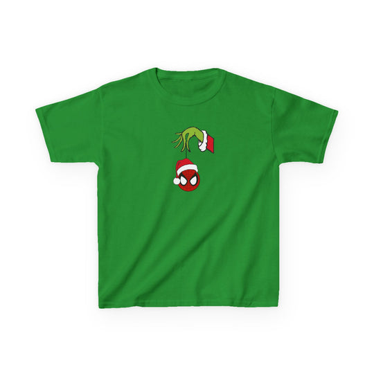 Spider Ball Christmas Kids Tee featuring a festive graphic of the Grinch's hand holding Spider-Man's head, crafted for durability with 100% cotton.