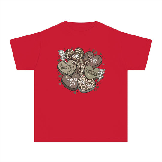 Boy Valentine Kids Tee with a deer graphic, surrounded by heart motifs and phrases like “Hunting” and “Mamas Boy.” Made for active kids, 100% cotton.