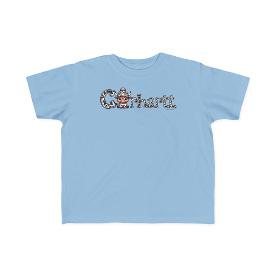 A playful Cowhartt Cow Toddler Tee featuring a cartoon cow with a hat. Made of soft 100% combed ringspun cotton, with a durable print. Perfect for sensitive toddler skin.