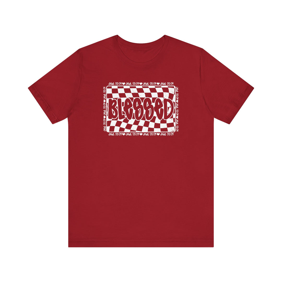 Blessed Tee: Classic red unisex t-shirt with white text, featuring ribbed knit collars and dual side seams for lasting shape, made of soft, quality cotton.