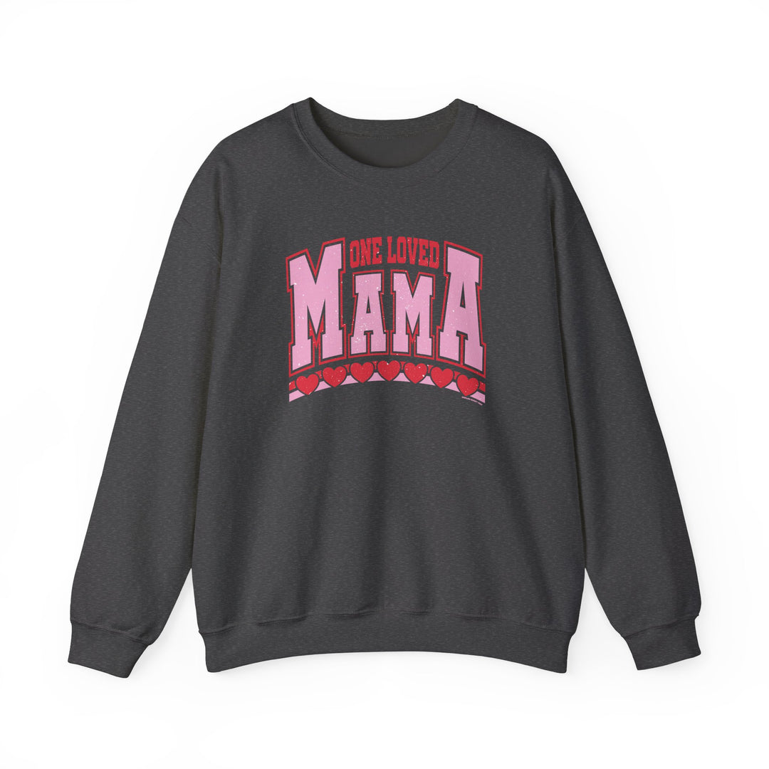 One Loved Mama Crew sweatshirt, grey with pink text, offering comfort and style in a loose-fit, polyester-cotton blend. Ideal for casual, trendy wear.