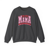 One Loved Mama Crew sweatshirt, grey with pink text, offering comfort and style in a loose-fit, polyester-cotton blend. Ideal for casual, trendy wear.