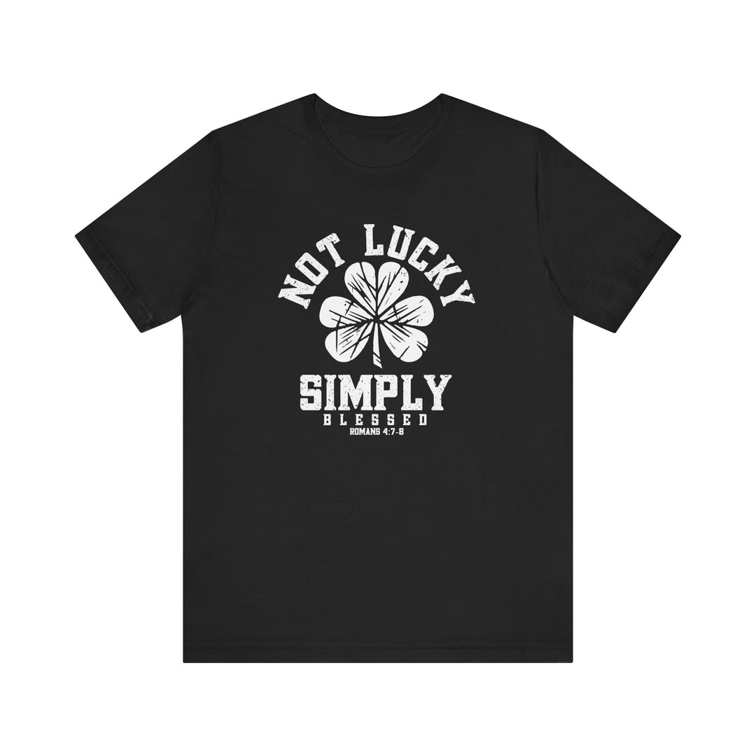 Not Lucky Tee features a white clover design on a black t-shirt, offering a classic unisex fit with soft cotton and durable construction.