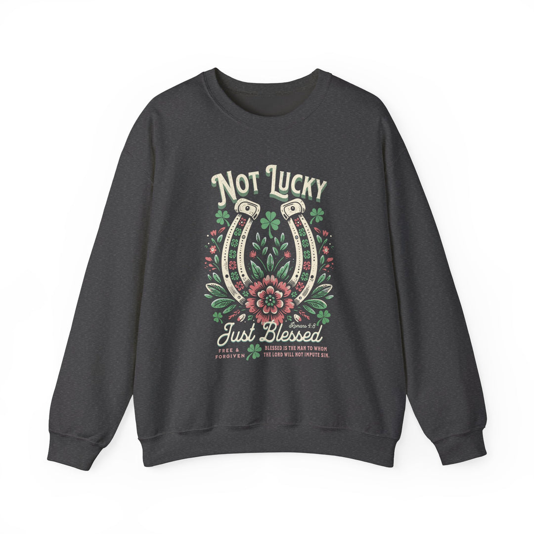 Blessed Crew sweatshirt featuring a horseshoe with flowers design. Unisex, comfortable blend, ribbed collar, no side seams, ideal for casual wear. Available in multiple sizes.
