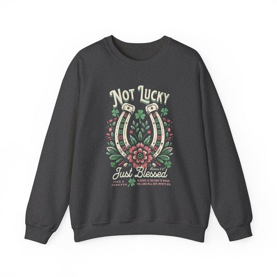 Blessed Crew sweatshirt featuring a horseshoe with flowers design. Unisex, comfortable blend, ribbed collar, no side seams, ideal for casual wear. Available in multiple sizes.