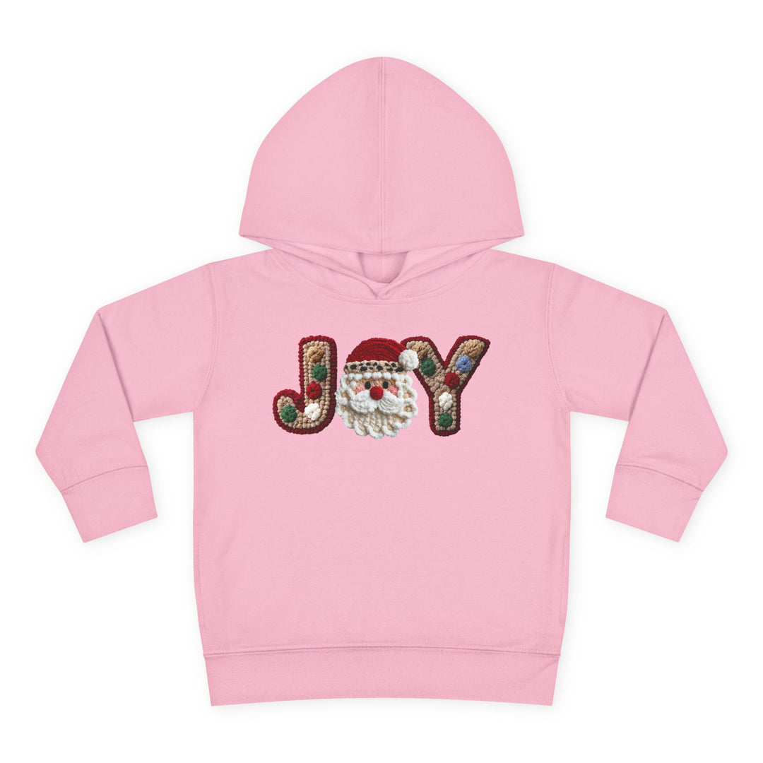 Light-pink toddler hoodie with JOY embroidered, featuring a Santa-face motif. Includes jersey-lined hood, side-seam pockets, offering comfort and durability.