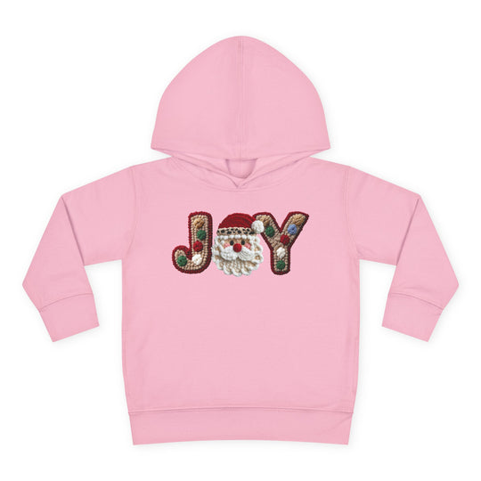 Light-pink toddler hoodie with JOY embroidered, featuring a Santa-face motif. Includes jersey-lined hood, side-seam pockets, offering comfort and durability.