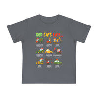 God Says Christmas Truck Baby Tee features colorful affirmations with cartoon vehicles in Santa hats, designed for comfort and durability in children's sizes.