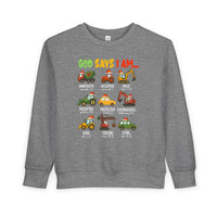 Heather-gray toddler crewneck sweatshirt with Christmas-themed graphic, featuring cartoon vehicles in Santa hats and virtues with Bible references. Warm fleece blend, durable ribbed details.