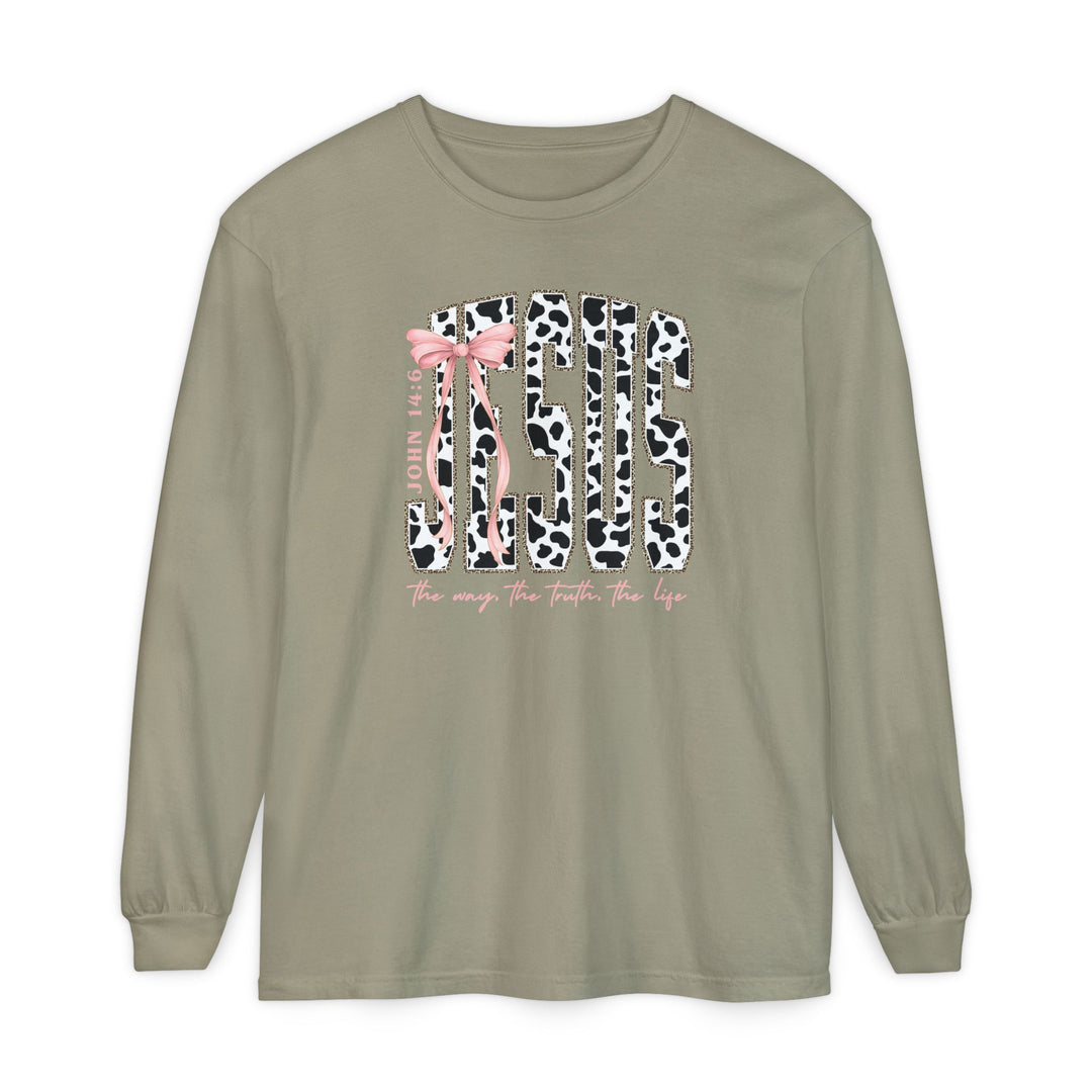 John 14:6 Long Sleeve Tee with cow-print JESUS graphic, pink bow, and biblical reference, made of soft 100% ring-spun cotton for comfort.
