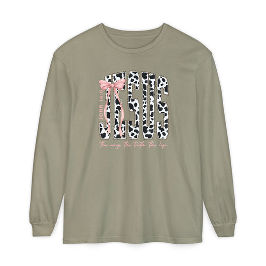 John 14:6 Long Sleeve Tee with cow-print JESUS graphic, pink bow, and biblical reference, made of soft 100% ring-spun cotton for comfort.