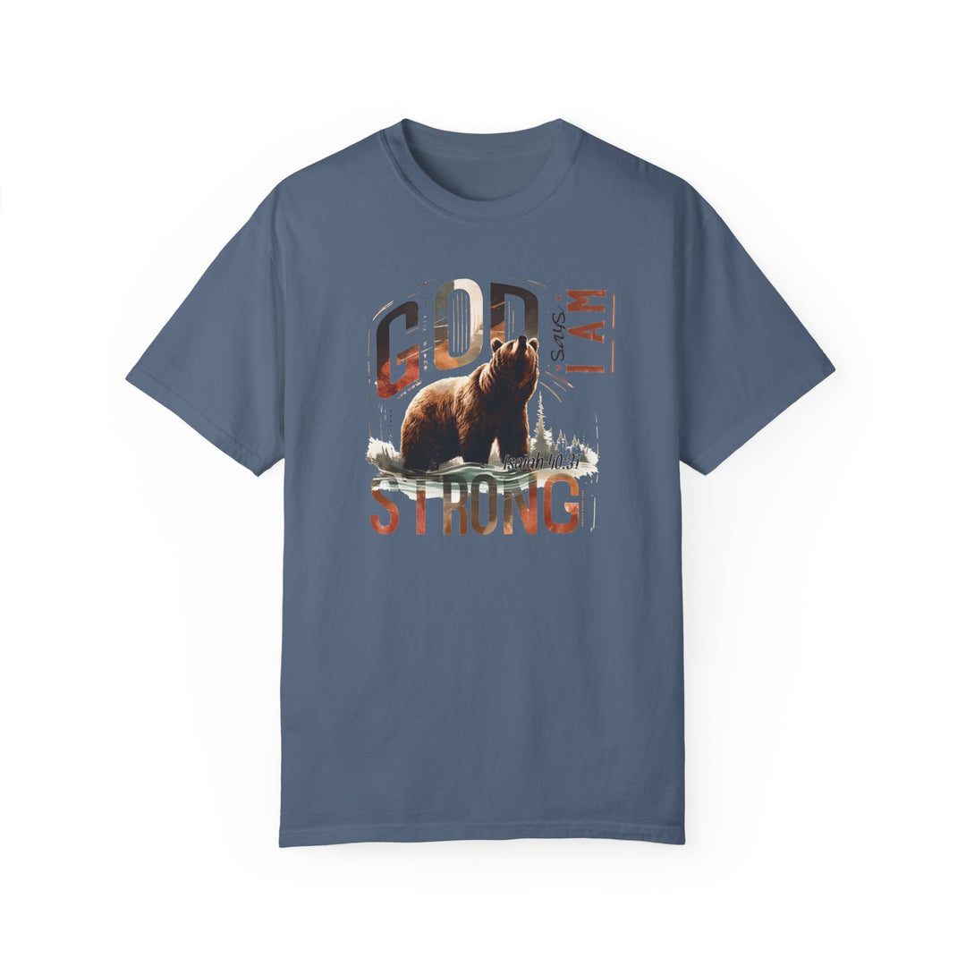 A strong statement: I Am Strong Tee. Garment-dyed ring-spun cotton t-shirt with a bear design. Relaxed fit, durable double-needle stitching, and seamless sides for comfort. Ideal for daily wear.