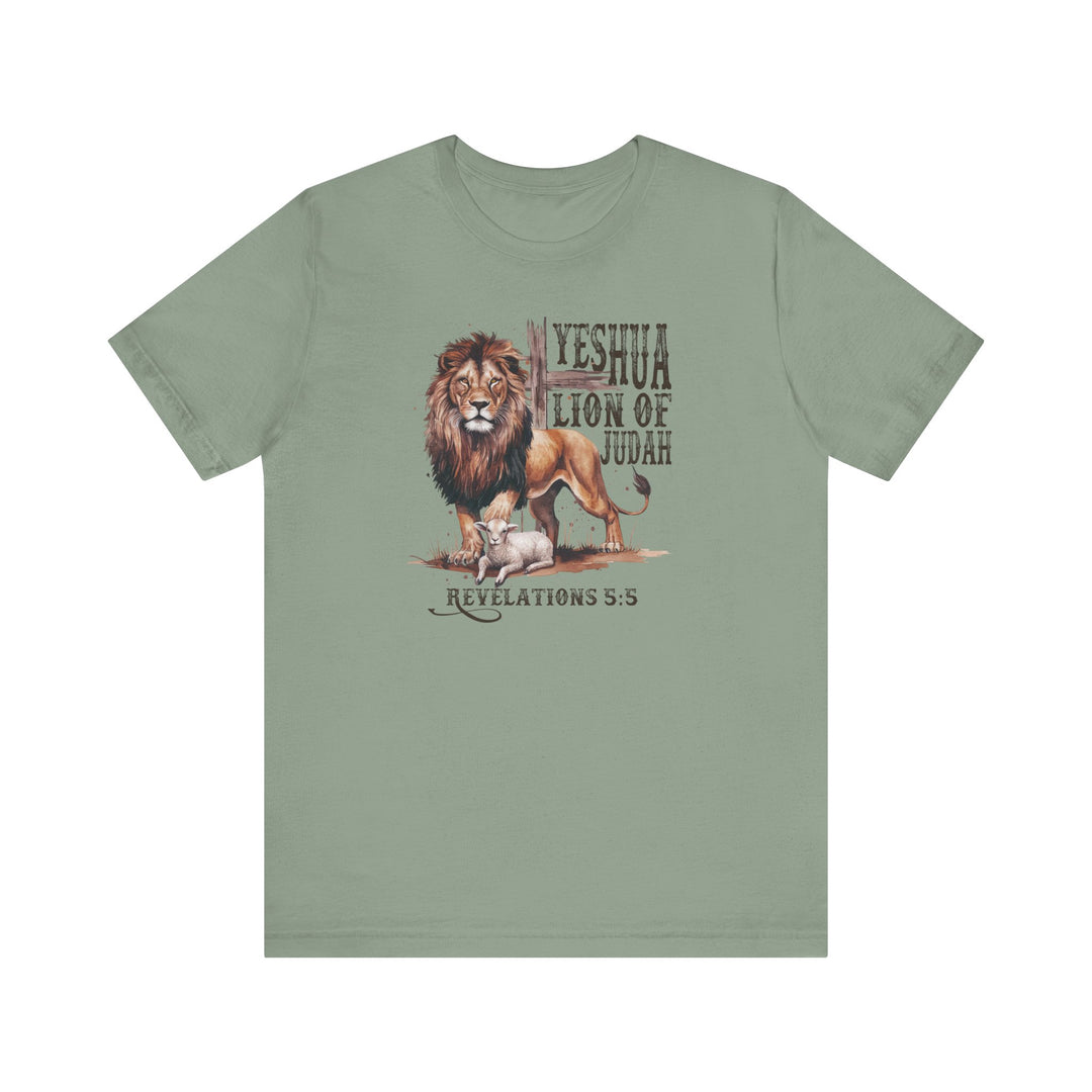 Yeshua Lion of Judah Tee featuring a lion and lamb design on a classic unisex short sleeve t-shirt, emphasizing comfort and style with a retail fit.