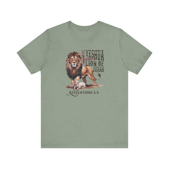 Yeshua Lion of Judah Tee featuring a lion and lamb design on a classic unisex short sleeve t-shirt, emphasizing comfort and style with a retail fit.
