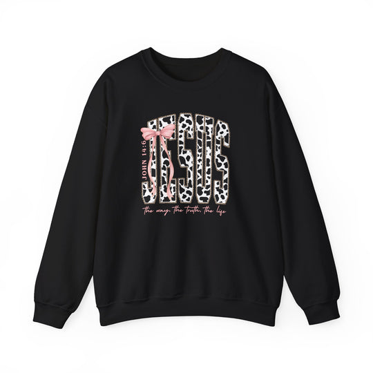 John 14:6 Crew sweatshirt with JESUS in cow-print letters, pink bow, scripture reference, and pink script text. Comfortable polyester-cotton blend, ribbed collar.