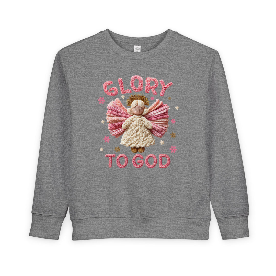 Heather-gray toddler sweatshirt featuring a chunky-yarn angel with pink wings, snowflake motifs, and GLORY TO GOD text, designed for warmth and durability.