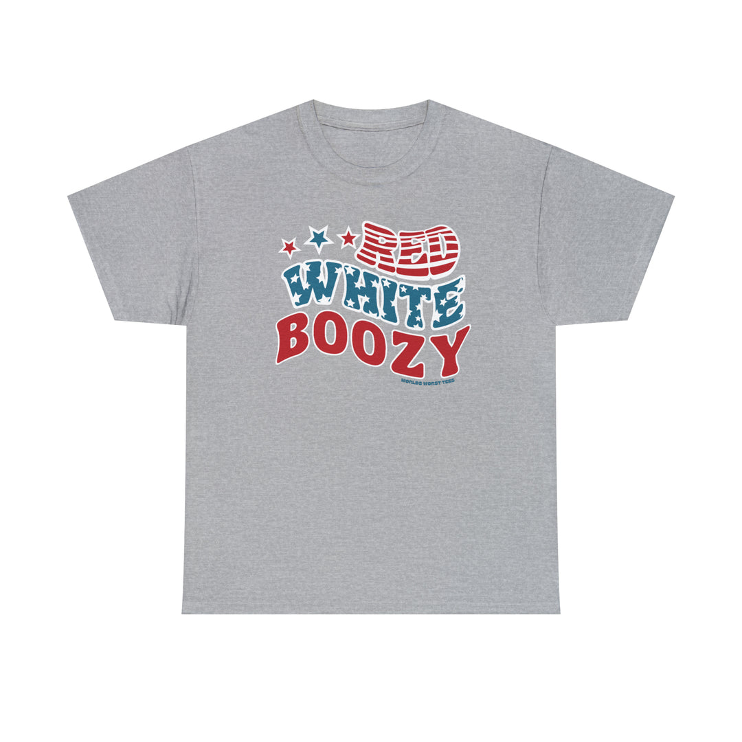 Unisex Red White and Boozy Tee, a staple with no side seams for comfort. Ribbed knit collar, durable tape on shoulders, medium weight fabric. Classic fit, 100% cotton. Shrink in dryer.