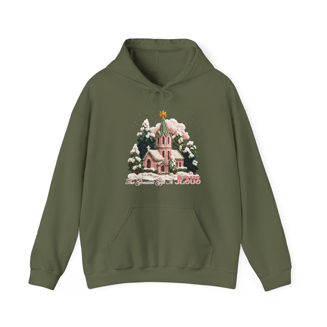 Olive-green Gift is Jesus hoodie featuring a snow-dusted church print among pine trees, with a star above and inspirational text below, offering warmth and style.