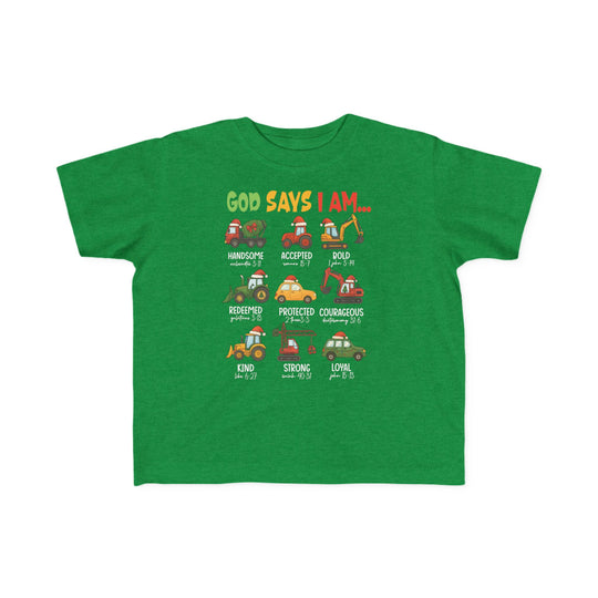God Says Christmas Truck Toddler Tee featuring cartoon vehicles with Santa hats and biblical affirmations, perfect for toddlers' sensitive skin, made of soft, durable cotton.