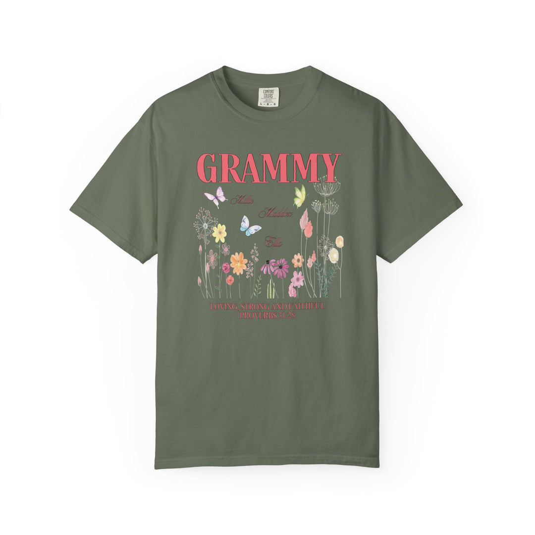 Close-up of the Grammy Tee, showcasing its garment-dyed fabric and durable double-needle stitching, highlighting the shirt's relaxed fit and classic crew neckline.