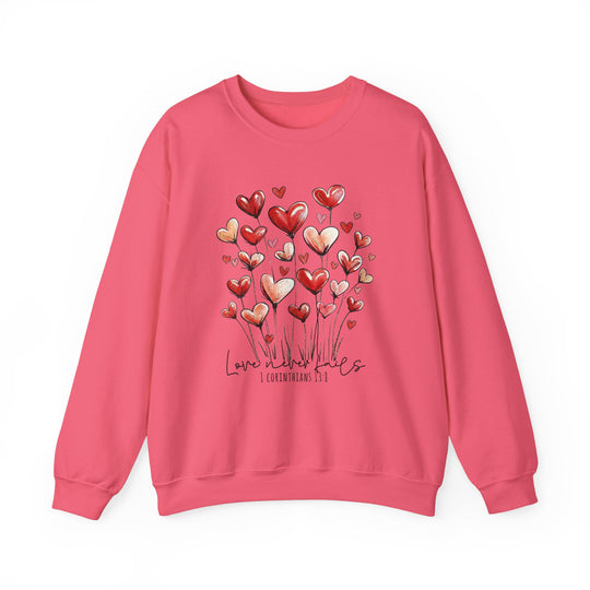 Love Never Fails Crew sweatshirt featuring heart-shaped blooms and scripture, offering comfort with a soft cotton-polyester blend and ribbed collar.