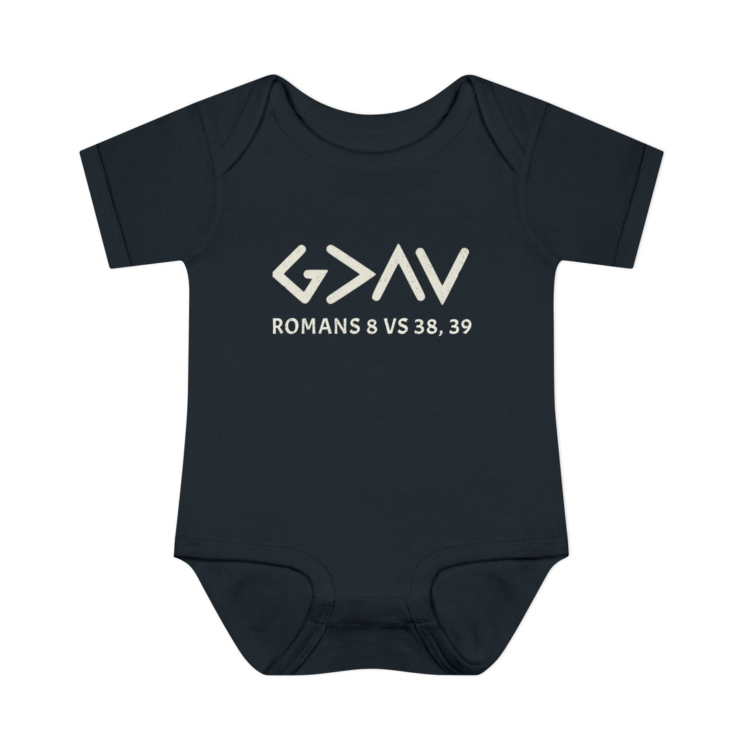 God is Greater Onesie: A black baby bodysuit featuring white text, crafted from soft, ring-spun cotton, designed with lap shoulders for easy dressing and comfort.