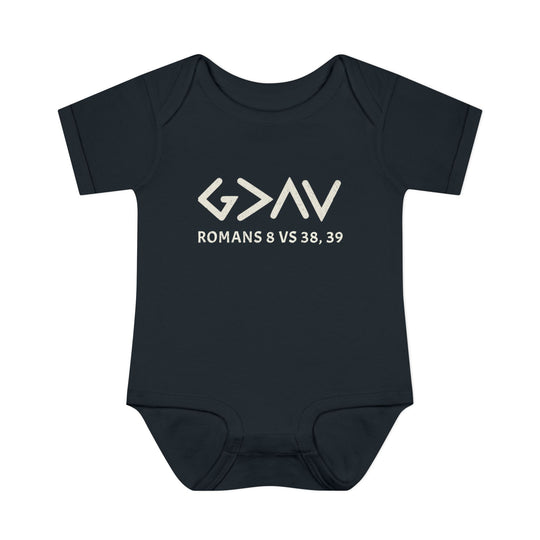 God is Greater Onesie: A black baby bodysuit featuring white text, crafted from soft, ring-spun cotton, designed with lap shoulders for easy dressing and comfort.