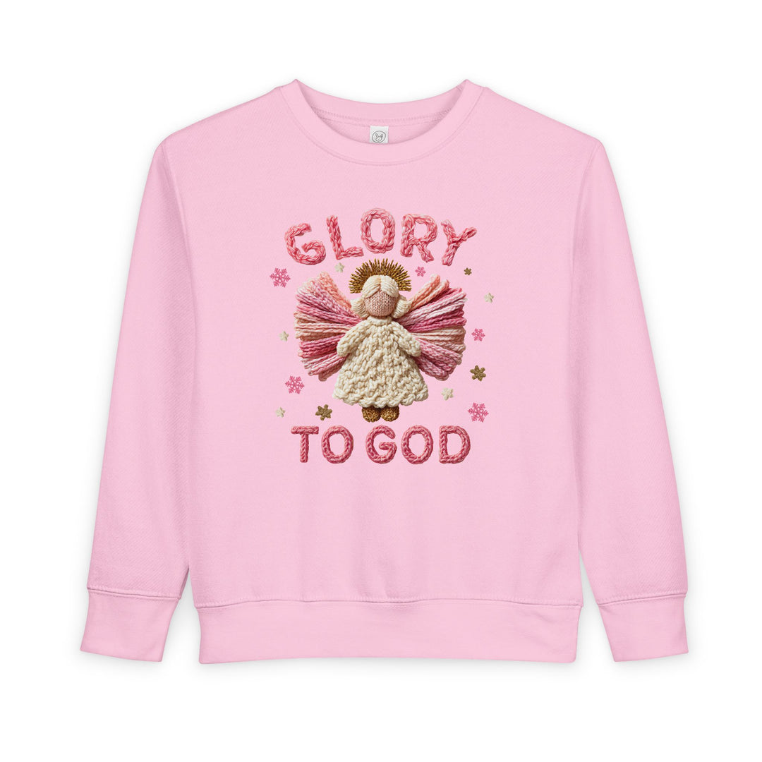 Soft-pink toddler sweatshirt with a yarn-style angel applique and GLORY TO GOD text, designed for warmth and comfort.