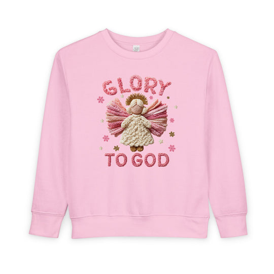 Soft-pink toddler sweatshirt with a yarn-style angel applique and GLORY TO GOD text, designed for warmth and comfort.