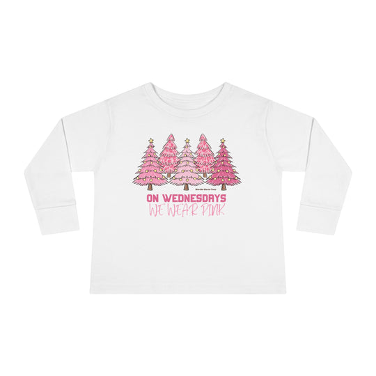 Custom toddler long-sleeve tee featuring a white shirt with pink trees and words. Made of 100% combed ringspun cotton, with topstitched ribbed collar and EasyTear™ label for sensitive skin.