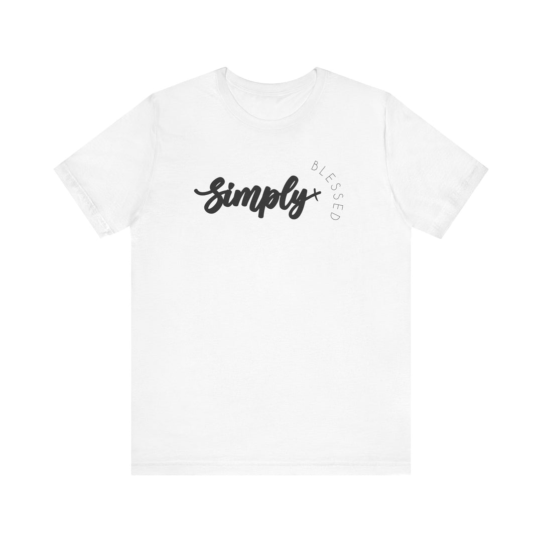 Simply Blessed Tee, a white unisex jersey t-shirt with black text, featuring ribbed collars and dual side seams for shape retention, made from soft cotton.