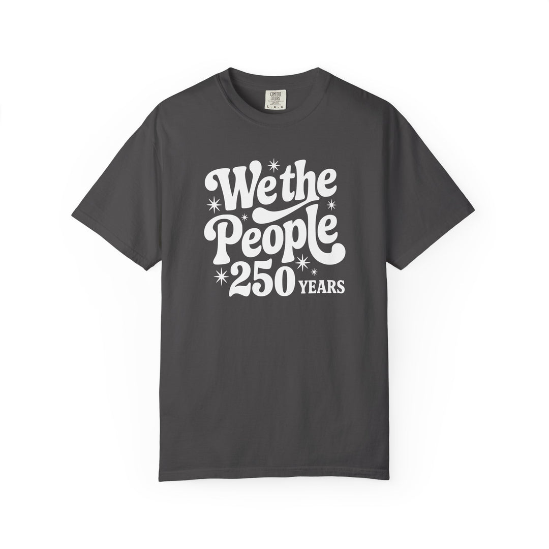 Charcoal-gray short-sleeve We the People 250 Years tee, relaxed fit, with retro-style white print, made from soft-washed 100% ring-spun cotton, size L.