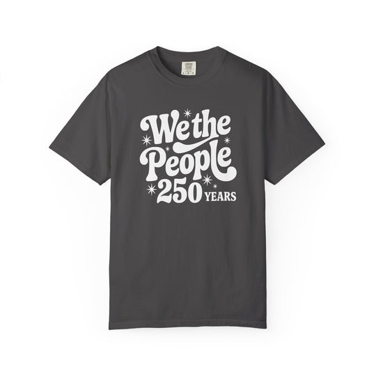 Charcoal-gray short-sleeve We the People 250 Years tee, relaxed fit, with retro-style white print, made from soft-washed 100% ring-spun cotton, size L.