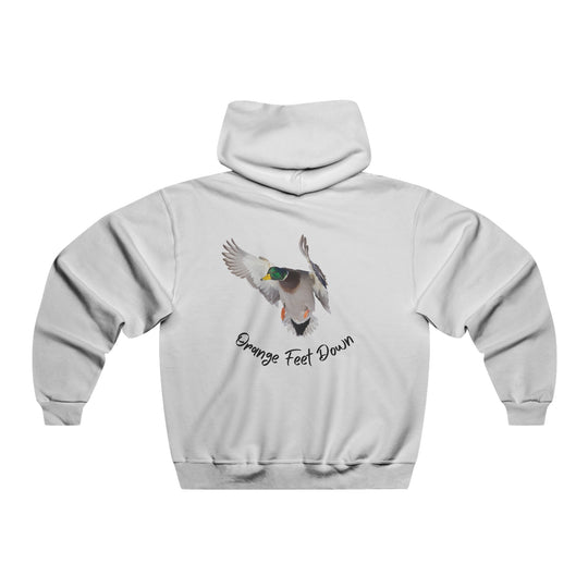 A white hoodie featuring a duck design, part of the JERZEES NuBlend® collection. Made of 50% cotton and 50% polyester, with a front pouch pocket and a loose fit. Ideal for a smooth printing surface.