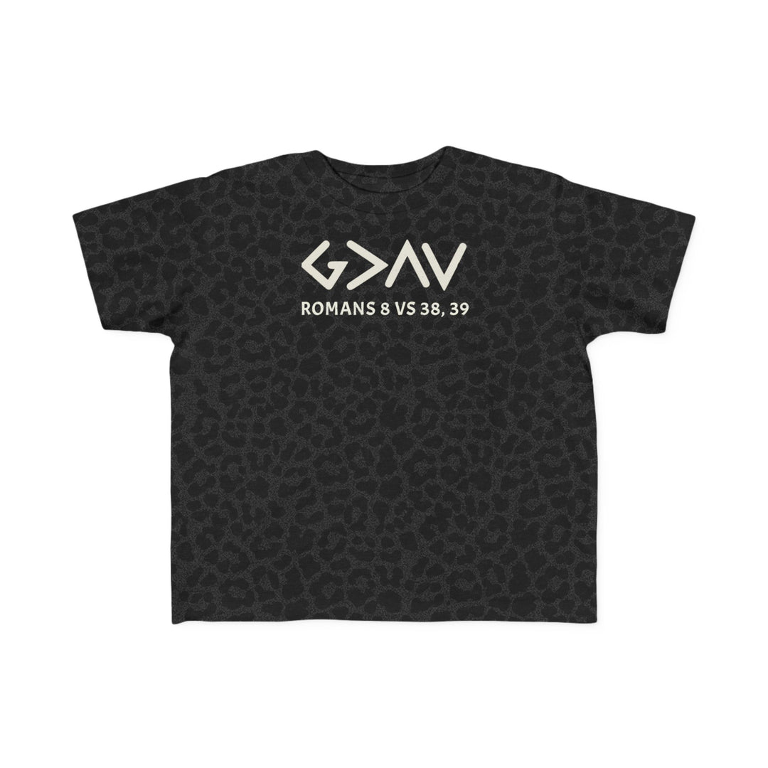 God is Greater Tee: Black toddler t-shirt with white text, made from soft, durable cotton, suitable for sensitive skin. Perfect for adventurous first outings.