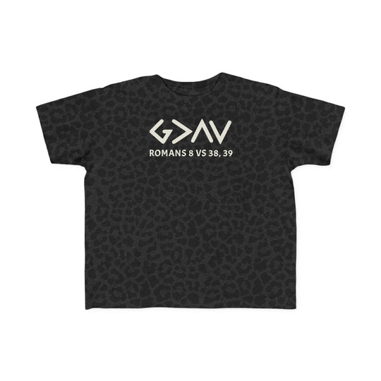 God is Greater Tee: Black toddler t-shirt with white text, made from soft, durable cotton, suitable for sensitive skin. Perfect for adventurous first outings.