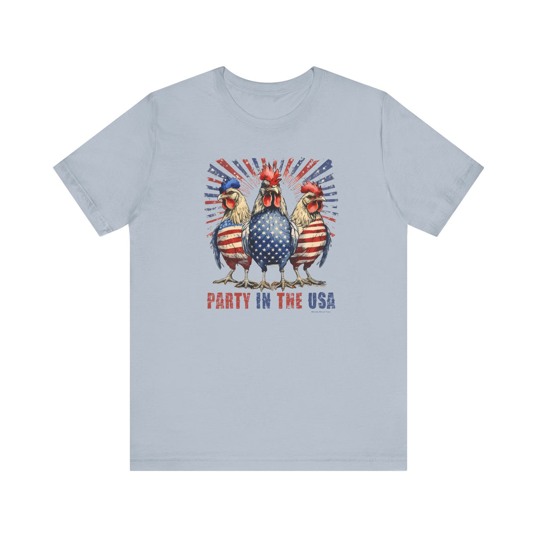 A Party In the USA Tee featuring a fun chicken design on a soft, 100% cotton jersey shirt. Unisex fit with ribbed knit collars, taping on shoulders, and dual side seams for durability.
