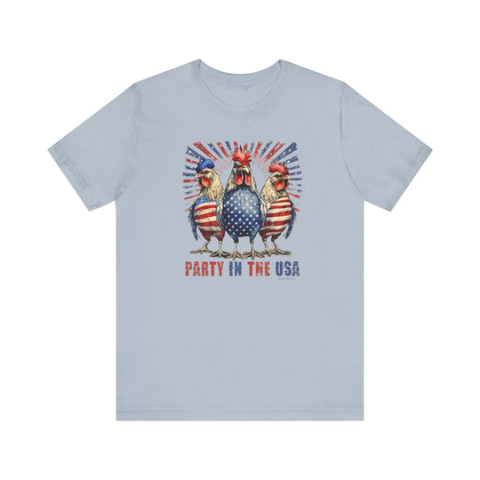 A Party In the USA Tee featuring a fun chicken design on a soft, 100% cotton jersey shirt. Unisex fit with ribbed knit collars, taping on shoulders, and dual side seams for durability.