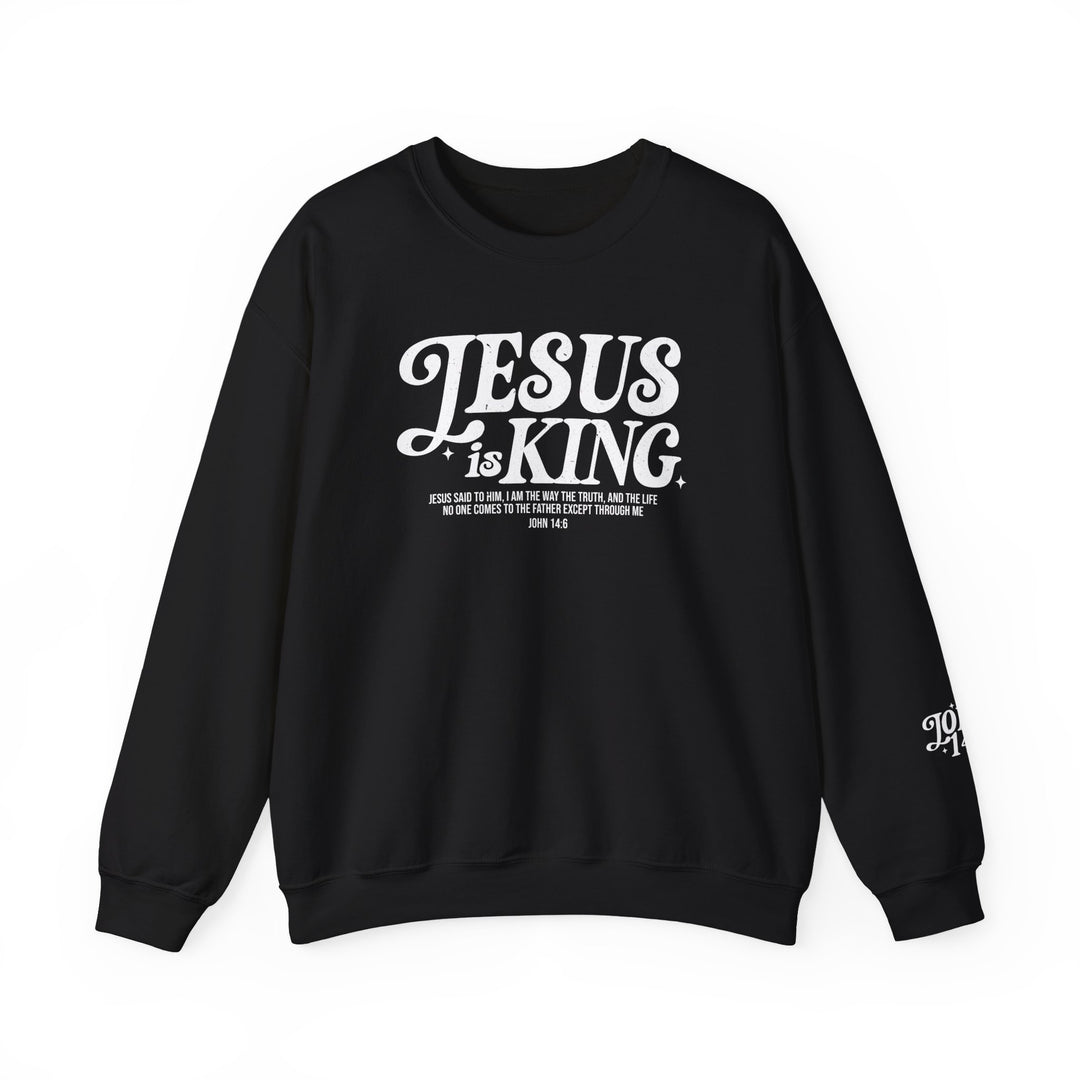 Jesus is King Crew black sweatshirt with white text, featuring a ribbed knit collar and a comfortable polyester-cotton blend, ideal for casual wear.